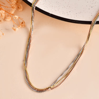 Tri-Color Layered Box-Chain Necklace | Gold, Rose & Silver Tone Statement Collar