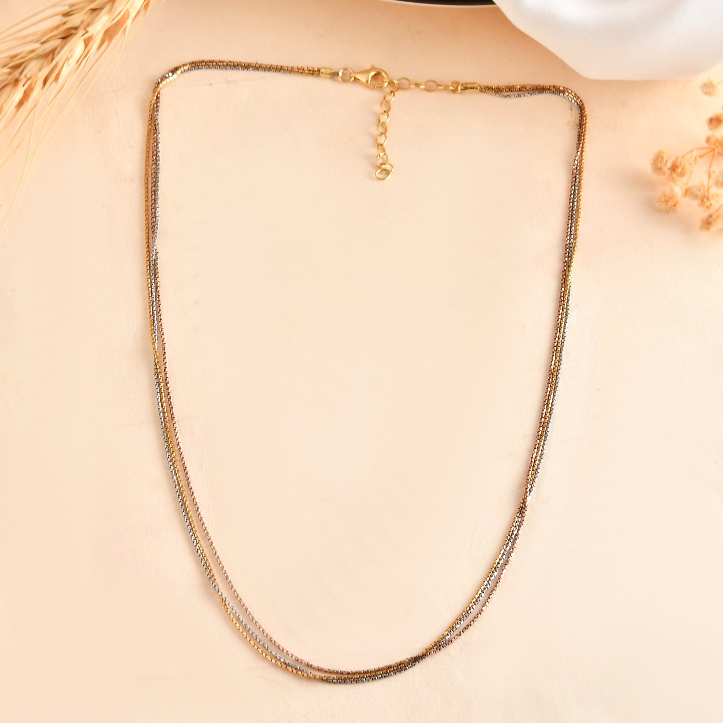Tri-Tone Dainty Box-Chain Necklace | Gold, Rose & Silver Layered Strand