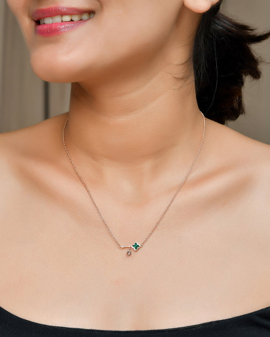 Rose-Gold Lucky Clover Key Necklace with Malachite Enamel & CZ Charm