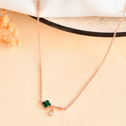 Rose-Gold Lucky Clover Key Necklace with Malachite Enamel & CZ Charm