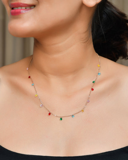 Rainbow Confetti Crystal Drop Necklace | Rose-Gold Cable Chain Choker