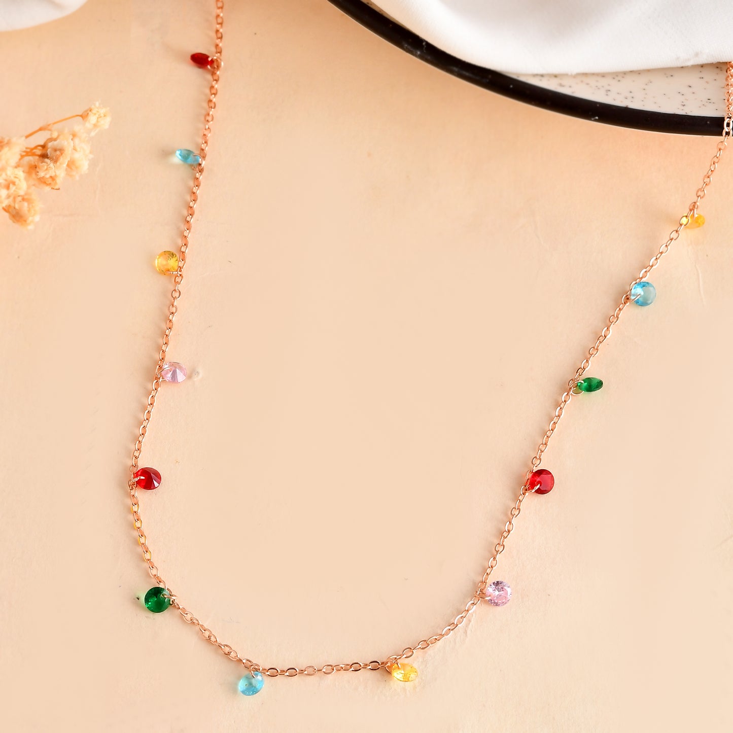 Rainbow Confetti Crystal Drop Necklace | Rose-Gold Cable Chain Choker