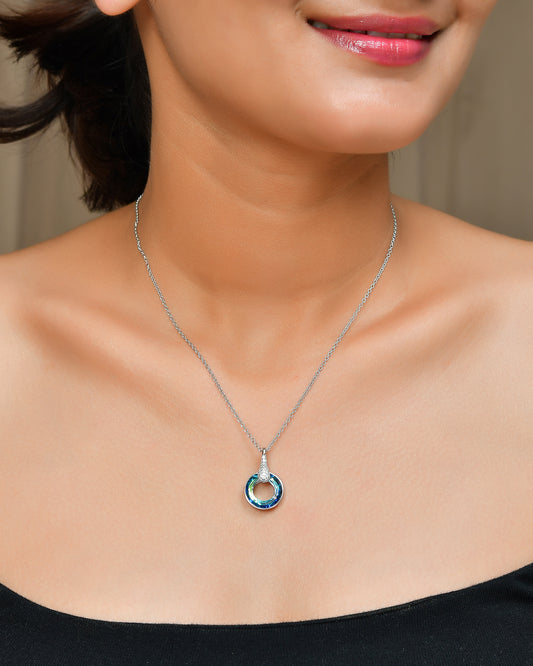 Ocean-Aurora Crystal Circle Necklace with Pave CZ Bail in Sterling Silver