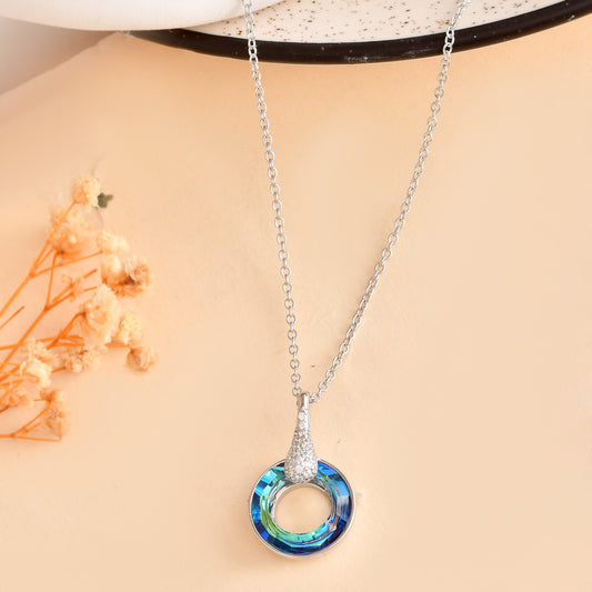 Ocean-Aurora Crystal Circle Necklace with Pave CZ Bail in Sterling Silver
