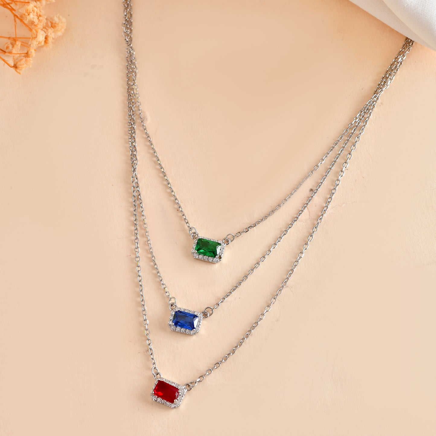 Tri-Gem Layered Necklace – Emerald, Sapphire & Ruby CZ Bars in Sterling Silver