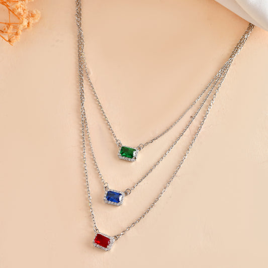 Tri-Gem Layered Necklace – Emerald, Sapphire & Ruby CZ Bars in Sterling Silver