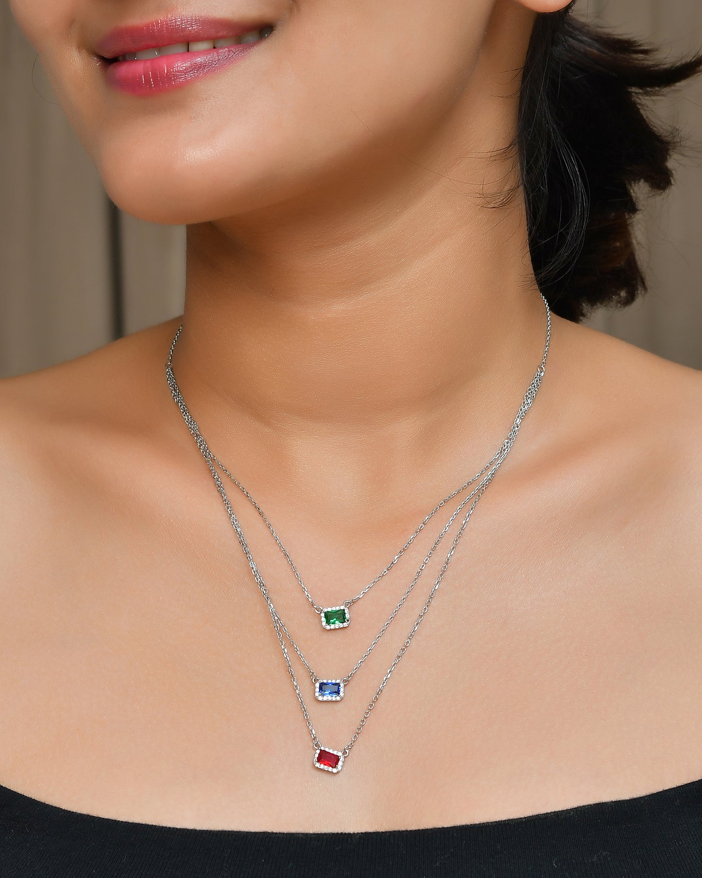 Tri-Gem Layered Necklace – Emerald, Sapphire & Ruby CZ Bars in Sterling Silver