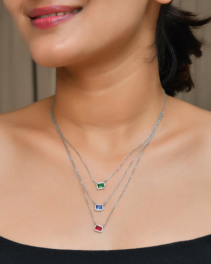 Tri-Gem Layered Necklace – Emerald, Sapphire & Ruby CZ Bars in Sterling Silver