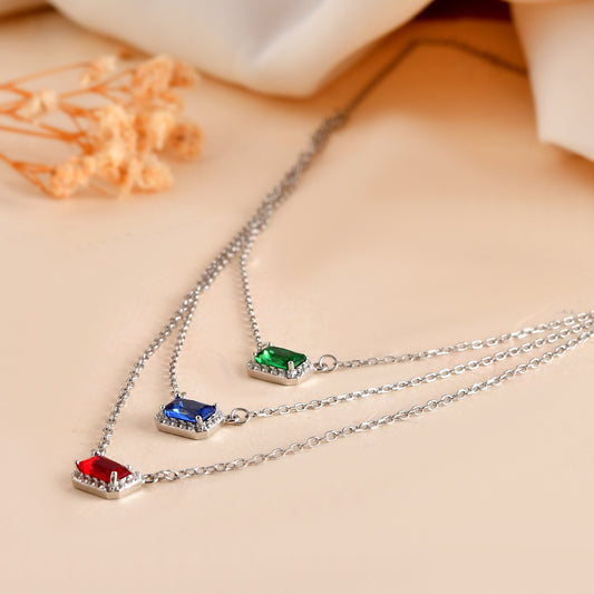 Tri-Gem Layered Necklace – Emerald, Sapphire & Ruby CZ Bars in Sterling Silver