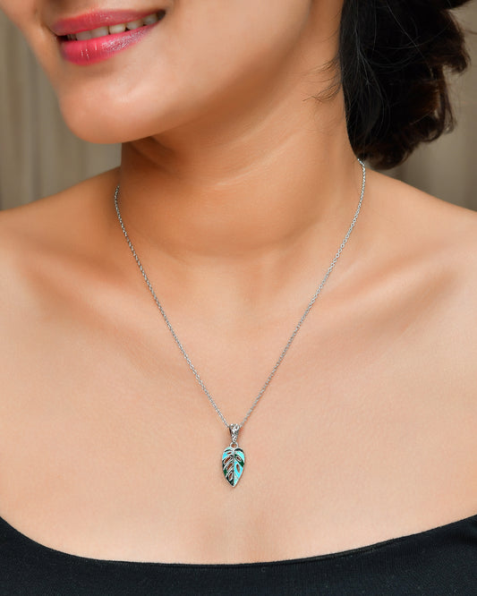 Monstera Leaf Pendant – Turquoise & Emerald Enamel in Sterling Silver