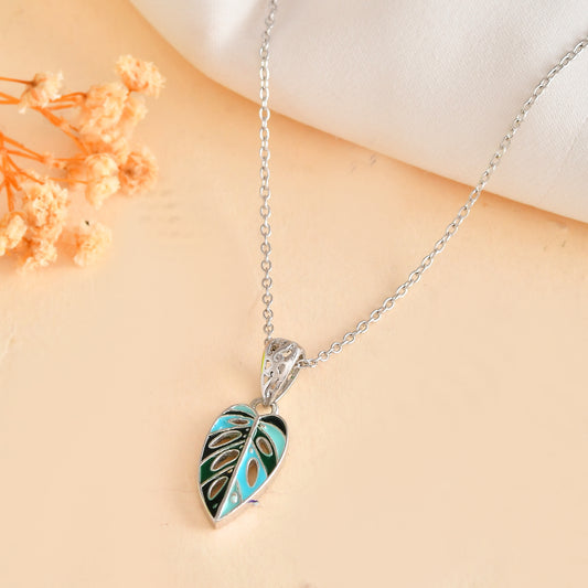 Monstera Leaf Pendant – Turquoise & Emerald Enamel in Sterling Silver