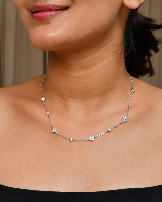 Color-Pop Evil-Eye Flower Necklace – Sterling Silver Protection Choker