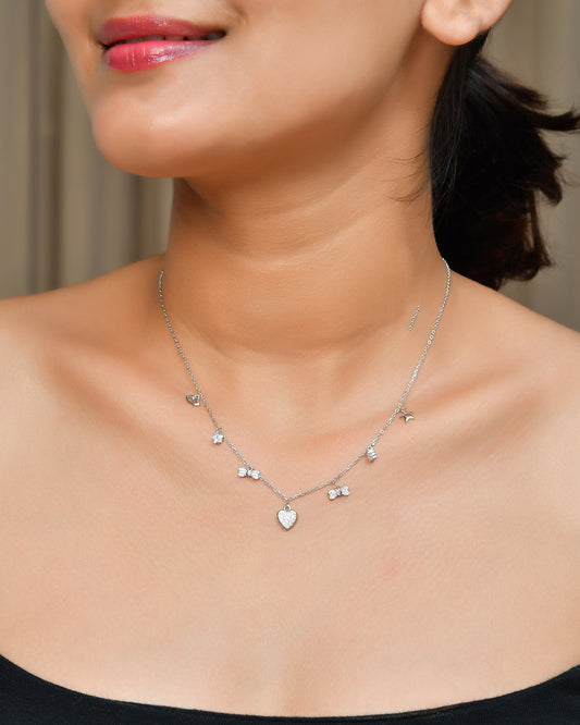 Sterling Silver Mixed-Charm Necklace – Pavé Heart, Star, Bow & CZ Dangles