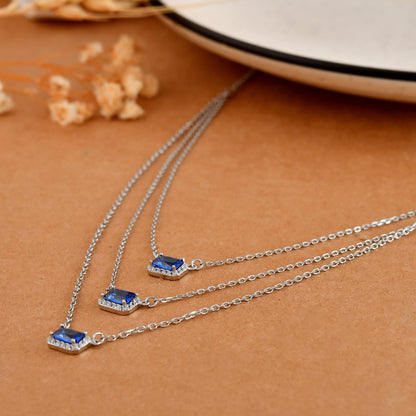 Sterling Silver Triple-Layer Sapphire-Blue Halo Pendant Necklace