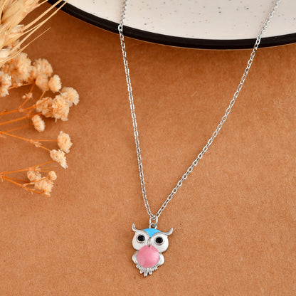 Sterling Silver Enamel Owl Pendant Necklace – Pink & Turquoise Charm, 18″ Chain