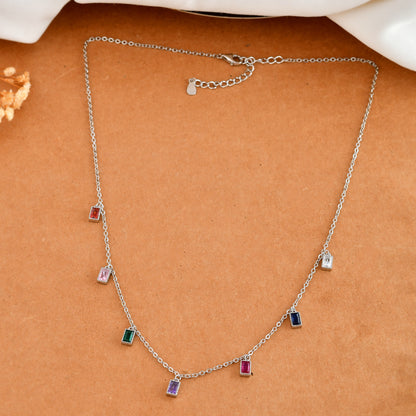 Sterling Silver Rainbow Baguette Charm Necklace – Multicolor Cubic Zirconia Dangle Choker, Adjustable 16-18