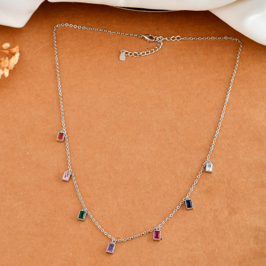 Sterling Silver Rainbow Baguette Charm Necklace – Multicolor Cubic Zirconia Dangle Choker, Adjustable 16-18