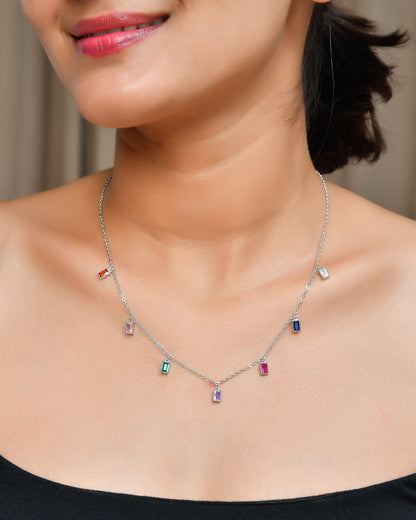 Sterling Silver Rainbow Baguette Charm Necklace – Multicolor Cubic Zirconia Dangle Choker, Adjustable 16-18
