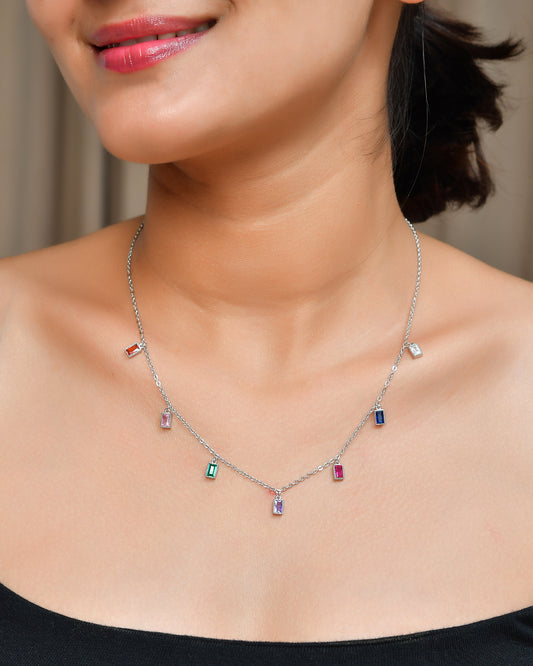 Sterling Silver Rainbow Baguette Charm Necklace – Multicolor Cubic Zirconia Dangle Choker, Adjustable 16-18