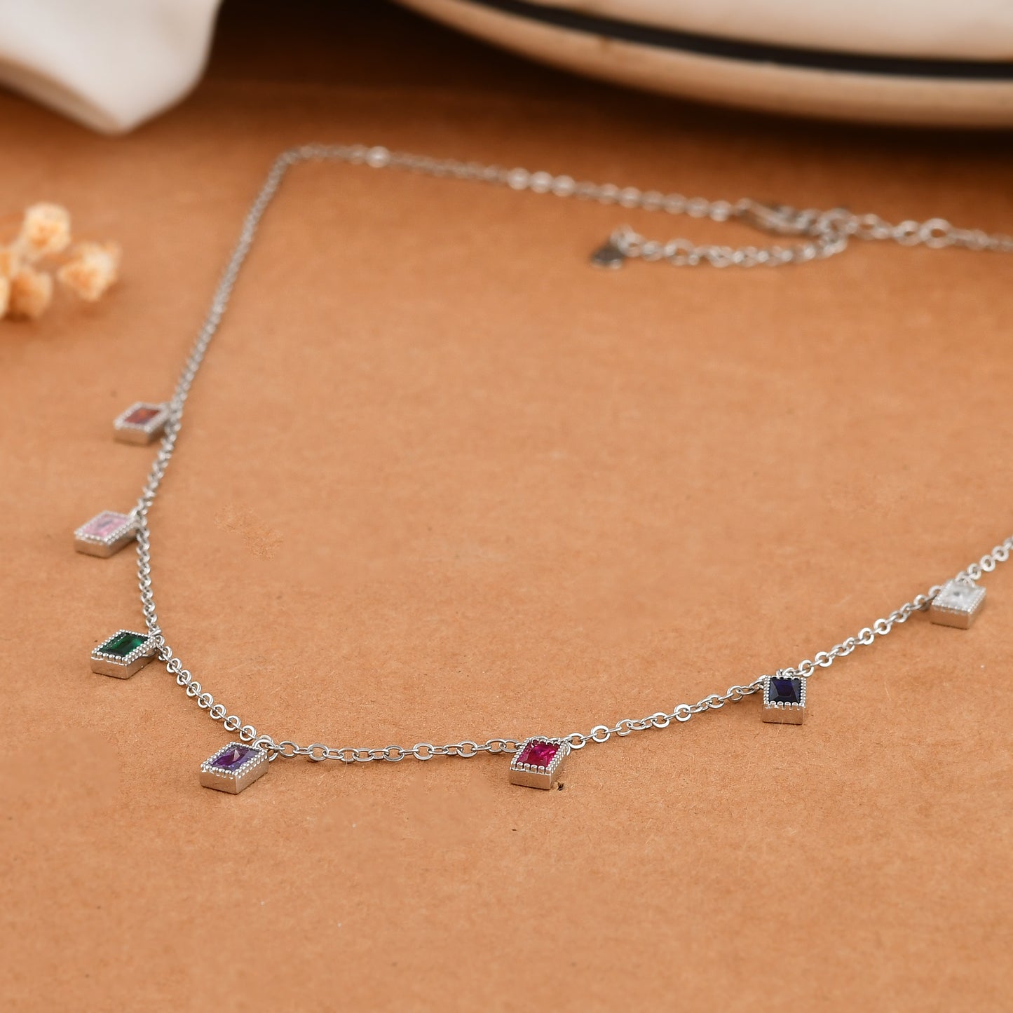 Sterling Silver Rainbow Baguette Charm Necklace – Multicolor Cubic Zirconia Dangle Choker, Adjustable 16-18