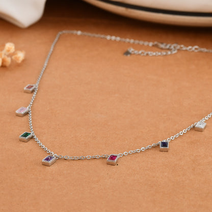 Sterling Silver Rainbow Baguette Charm Necklace – Multicolor Cubic Zirconia Dangle Choker, Adjustable 16-18