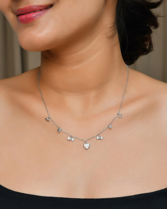 Dainty CZ-Charm Sterling Silver Necklace – Heart, Bow, Star & Flower