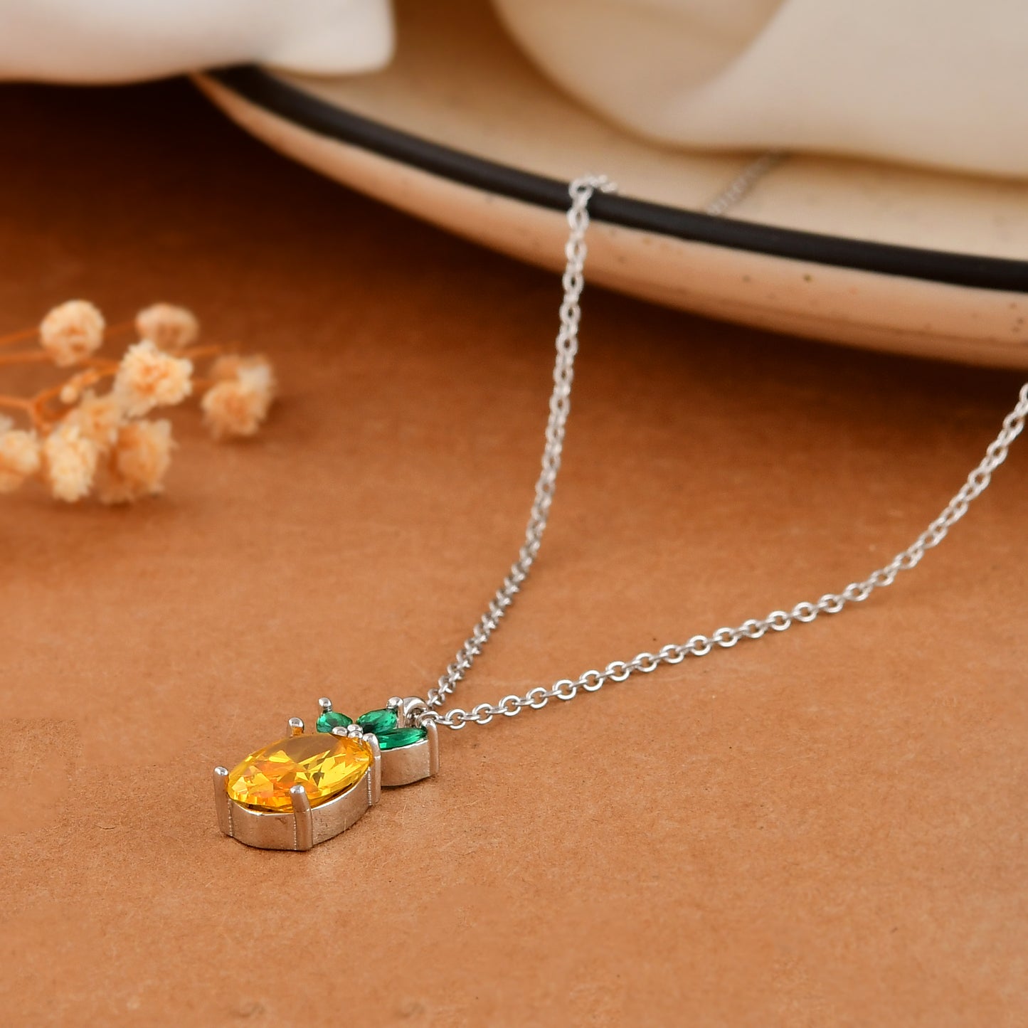 Sterling Silver Pineapple Necklace with Yellow & Green CZ – Tropical Fruit Pendant