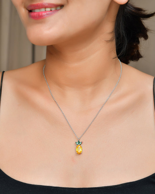 Sterling Silver Pineapple Necklace with Yellow & Green CZ – Tropical Fruit Pendant