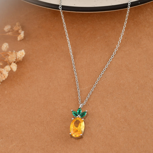 Sterling Silver Pineapple Necklace with Yellow & Green CZ – Tropical Fruit Pendant