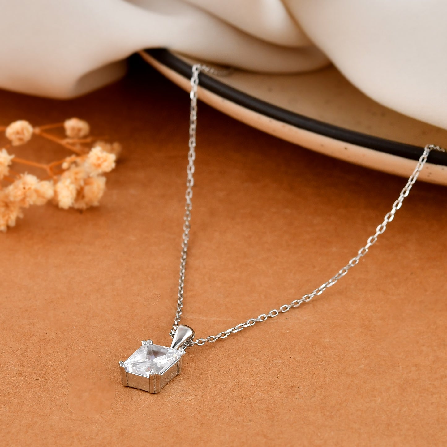 Emerald-Cut Clear CZ Solitaire Pendant in Sterling Silver – Minimalist Necklace