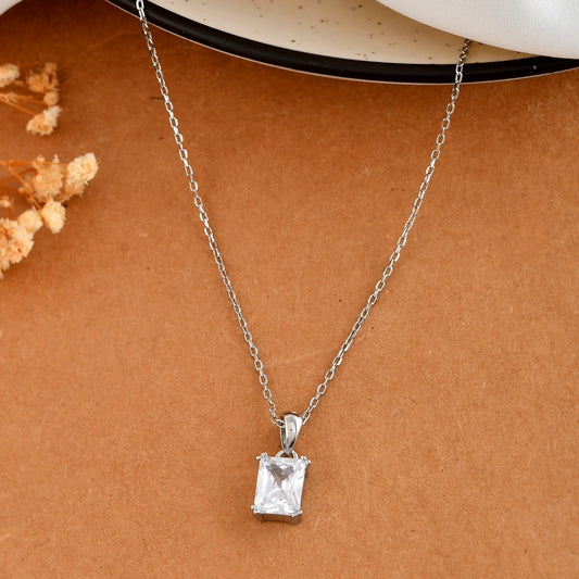 Emerald-Cut Clear CZ Solitaire Pendant in Sterling Silver – Minimalist Necklace