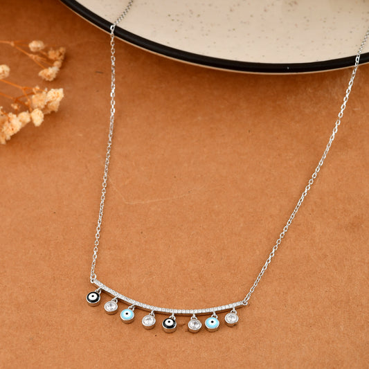 Sterling Silver Evil-Eye Bar Necklace with CZ Dangle Charms