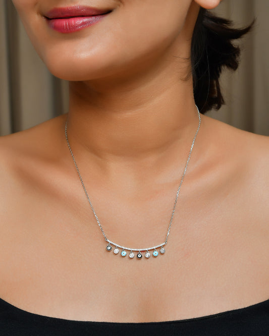 Sterling Silver Evil-Eye Bar Necklace with CZ Dangle Charms