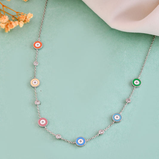 Multicolor Evil-Eye Station Necklace in 925 Sterling Silver with CZ Accents