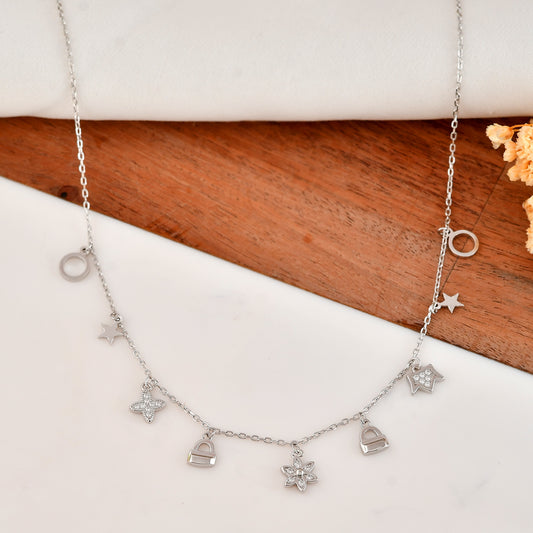 Sterling-Silver Charm Cascade Necklace with CZ Stars, Hearts & Mini Handbag Dangles