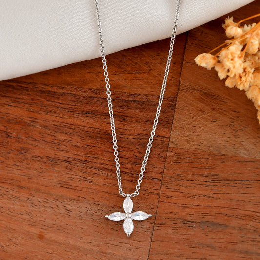 Sterling Silver Marquise CZ Four-Leaf Clover Pendant Necklace – Dainty Lucky Charm Jewelry