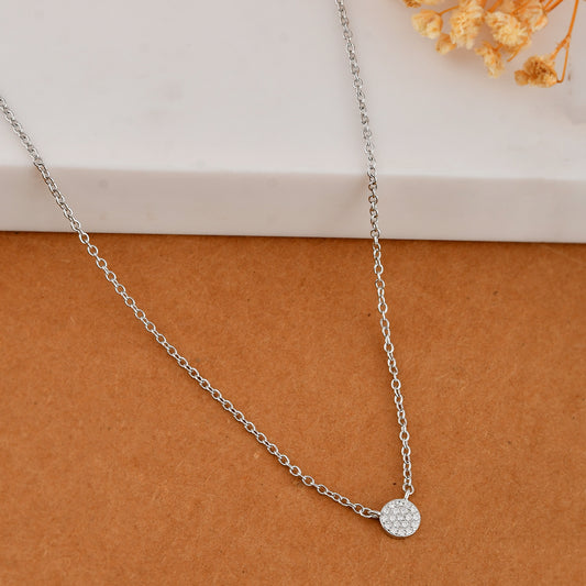 Tiny Pave Disc Necklace in 925 Sterling Silver – Minimalist Round CZ Pendant Choker