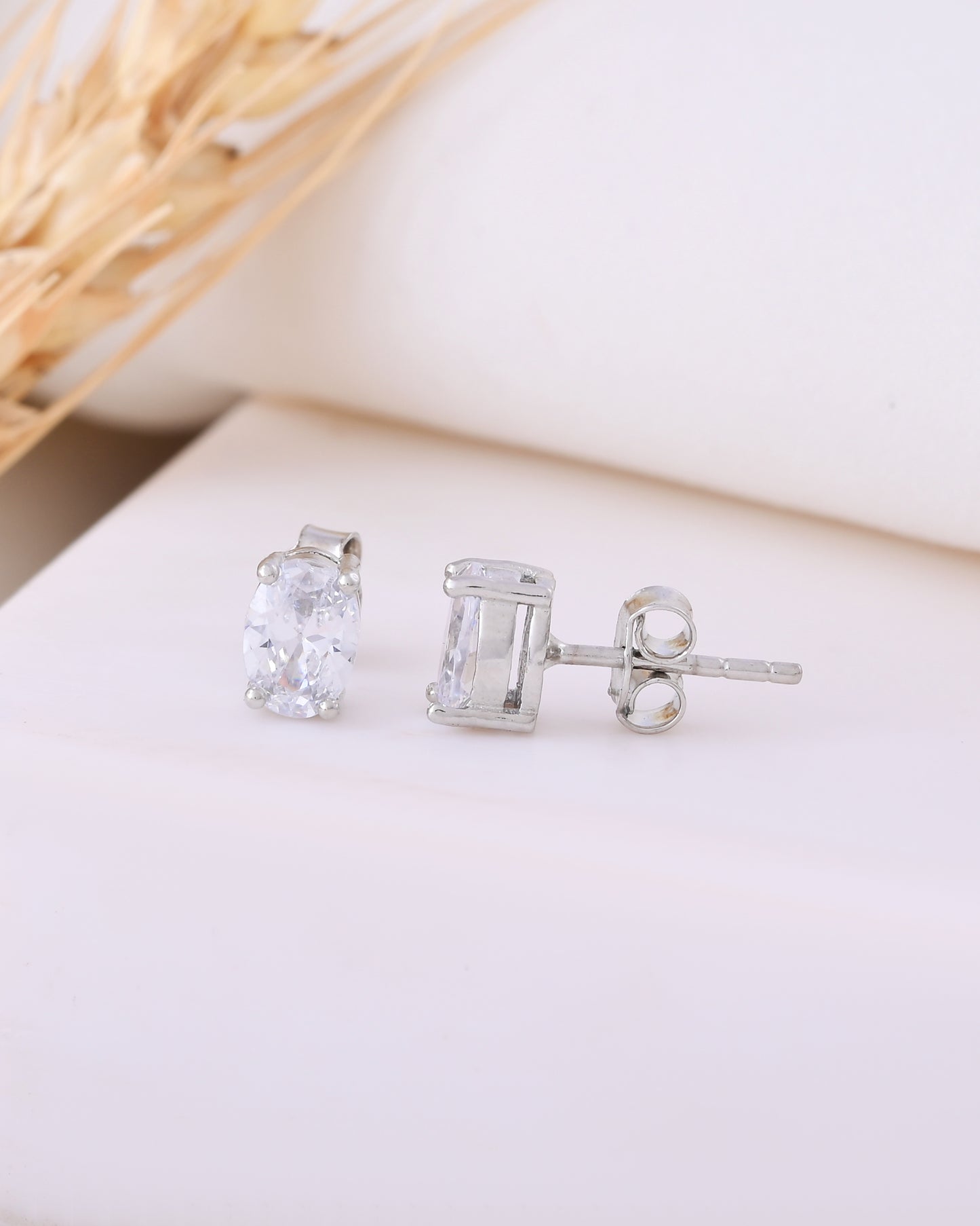 925 Silver Oval Solitaire Stud Earrings | Minimal CZ Crystal Studs for Women & Girls