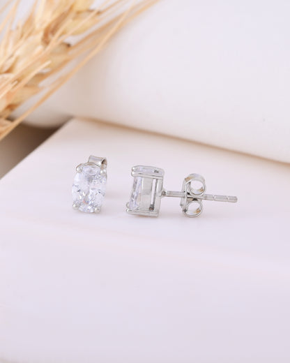 925 Silver Oval Solitaire Stud Earrings | Minimal CZ Crystal Studs for Women & Girls