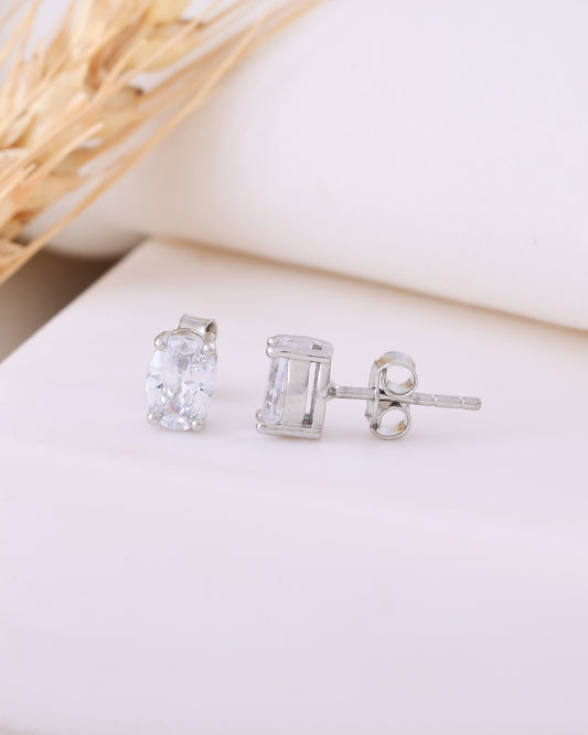 925 Silver Oval Solitaire Stud Earrings | Minimal CZ Crystal Studs for Women & Girls