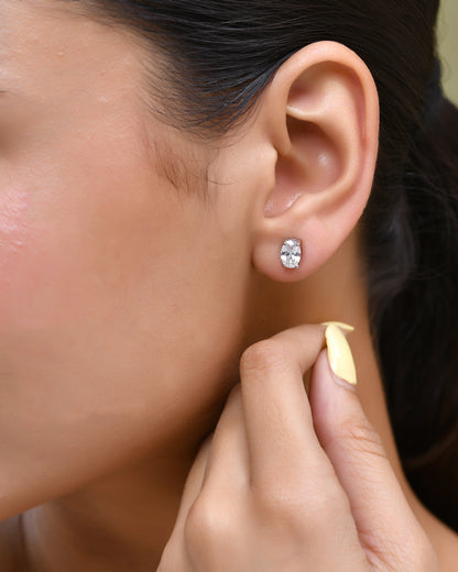 925 Silver Oval Solitaire Stud Earrings | Minimal CZ Crystal Studs for Women & Girls