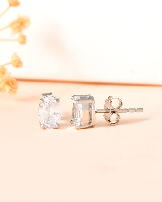 925 Silver Oval Solitaire Stud Earrings | Minimal CZ Crystal Studs for Women & Girls