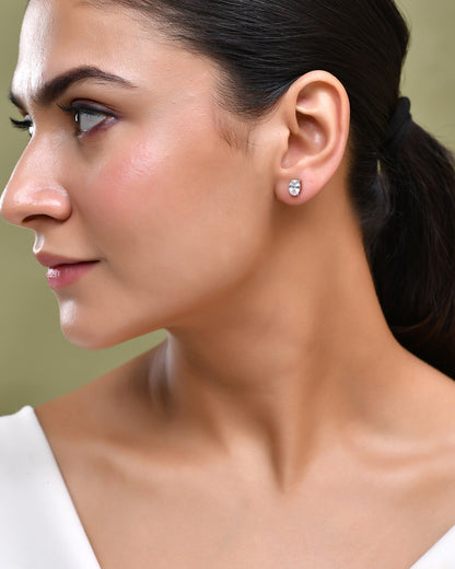 925 Silver Oval Solitaire Stud Earrings | Minimal CZ Crystal Studs for Women & Girls