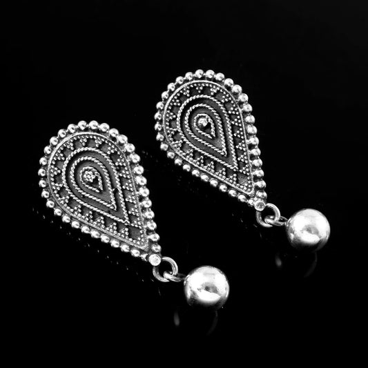Paisley Drop Oxidized Silver Earrings with Ball Danglers