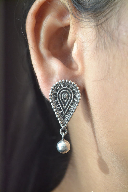 Paisley Drop Oxidized Silver Earrings with Ball Danglers