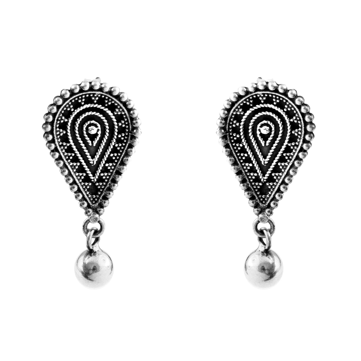 Paisley Drop Oxidized Silver Earrings with Ball Danglers