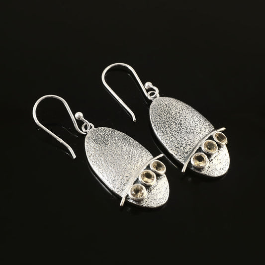 Textured Oval Silver Earrings with Citrine Accents