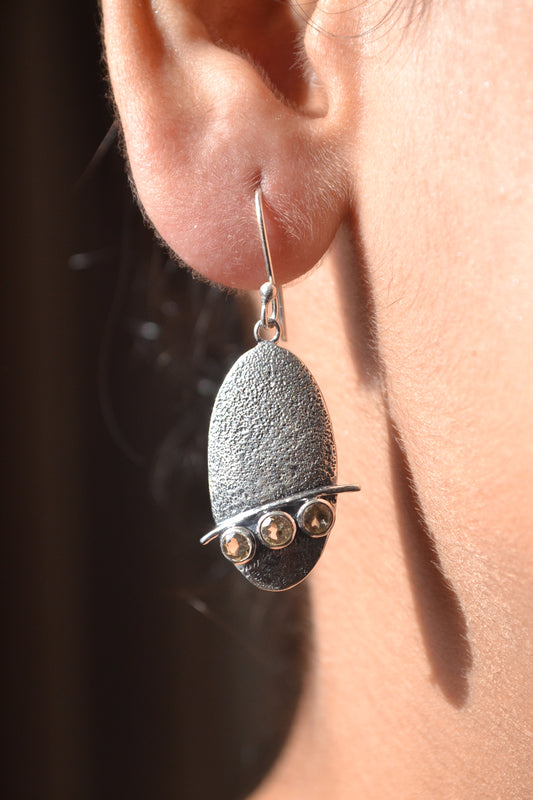 Textured Oval Silver Earrings with Citrine Accents