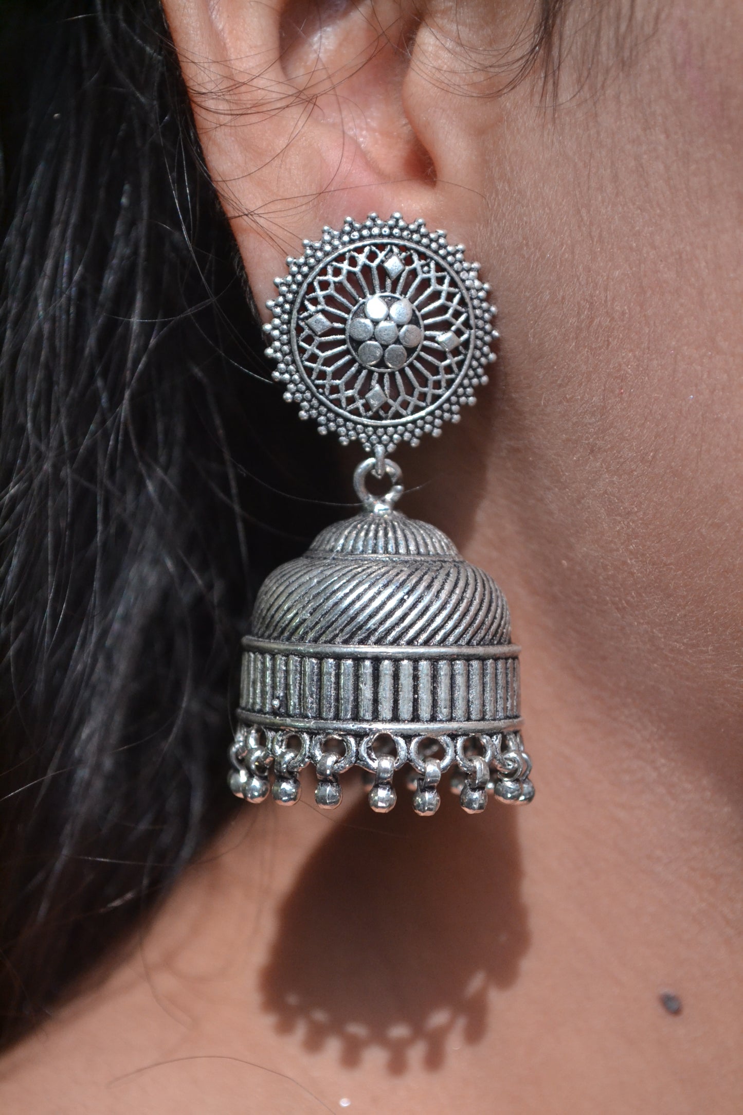 Devika Jhumkas – Statement Oxidised 925 Silver Dome Earrings