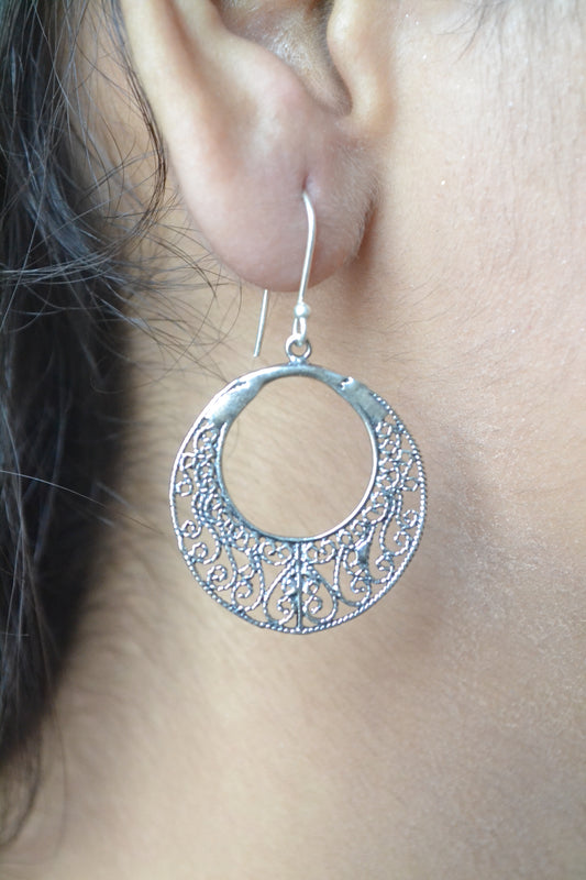 Nayra Earrings – Oxidised 925 Silver Filigree Hoop Dangle Earrings